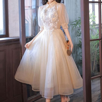 Floral Gown / Dress Evening A-Line Short-Sleeve Mesh