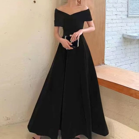 Gown Dress V-Neck A-Line Short-Sleeve Evening / Plain