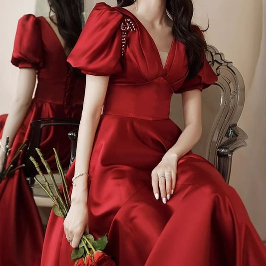 A-Line Evening V-Neck Short-Sleeve Beaded / Gown Ribbon Dress