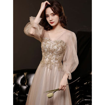 Long-Sleeve / Dress Mesh V-Neck Evening A-Line Gown