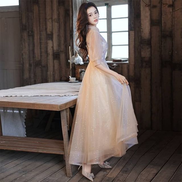 Floral Gown / Dress Evening A-Line Short-Sleeve Mesh