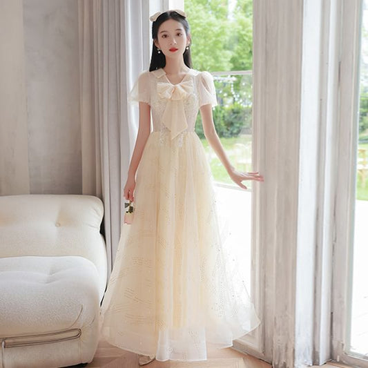 A-Line Evening Mesh Gown Ribbon Short-Sleeve Neck