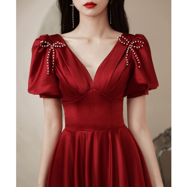 A-Line Evening V-Neck Short-Sleeve Beaded / Gown Ribbon Dress