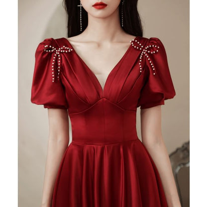 A-Line Evening V-Neck Short-Sleeve Beaded / Gown Ribbon Dress