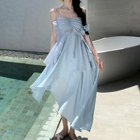 Spaghetti Strap Plain Asymmetrical Midi A-Line Dress