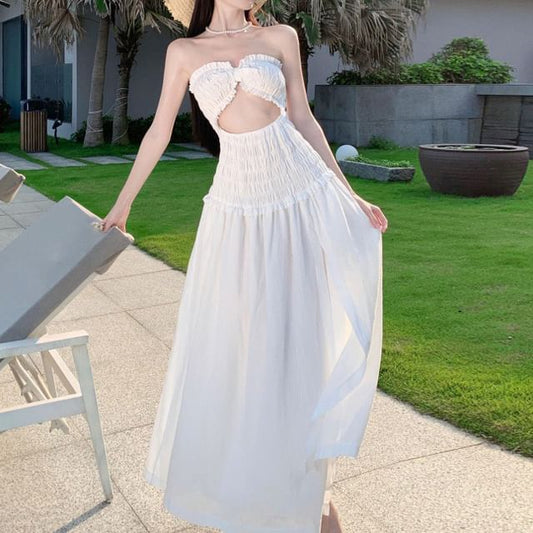 Plain Cutout Slit Maxi A-Line Tube Dress