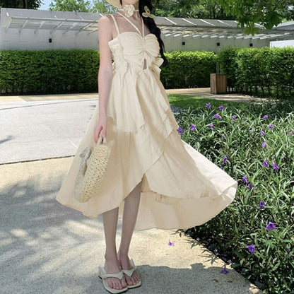 Spaghetti Strap Plain Asymmetrical Midi A-Line Dress