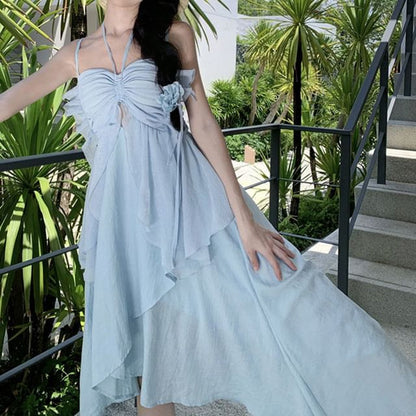 Spaghetti Strap Plain Asymmetrical Midi A-Line Dress