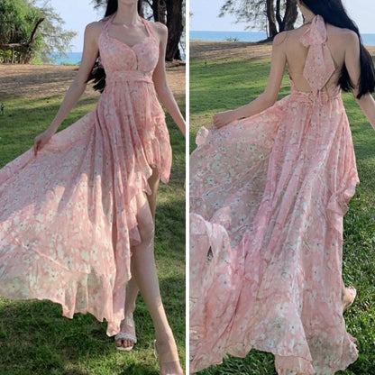 Halter V-Neck Floral Print Asymmetrical Ruffle Trim Ruched Open Back A-Line Dress