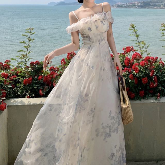 Square Neck Cold Shoulder Floral Print Ruffle Trim Ruched Maxi A-Line Dress