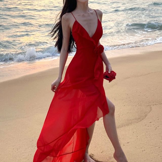 Spaghetti Strap V-Neck Plunge Plain Ruffle Trim Open Back Slit Maxi A-Line Dress