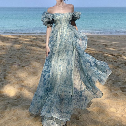 Puff-Sleeve Off-Shoulder Floral Print Ruffle Trim Slit Maxi A-Line Dress