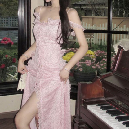 V-Neck Cold Shoulder Dotted Ruffle Trim Tie Front Slit Maxi A-Line Dress