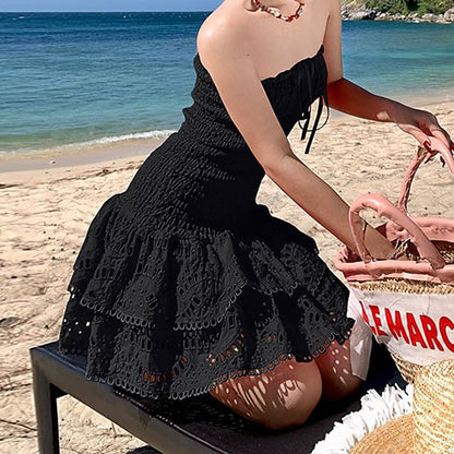 Embroidered Ruched Mini A-Line Tube Dress