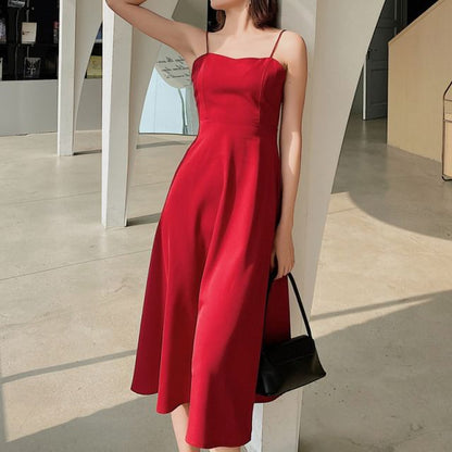 Spaghetti Strap V-Neck Plain Open Back Midi A-Line Dress