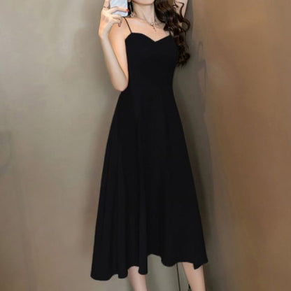 Spaghetti Strap V-Neck Plain Open Back Midi A-Line Dress