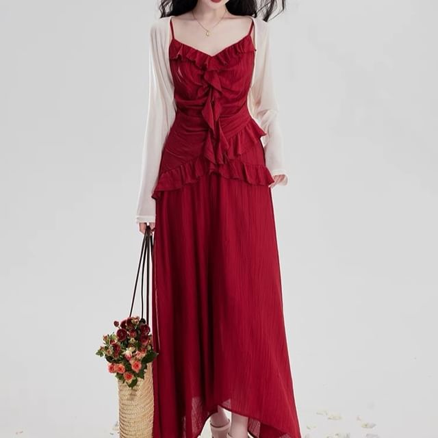 Spaghetti Strap Plain Ruffle Asymmetrical Maxi Sundress / Cardigan / Set