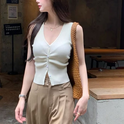 Ribbed Plain V-Neck Knit Sleeveless Tank