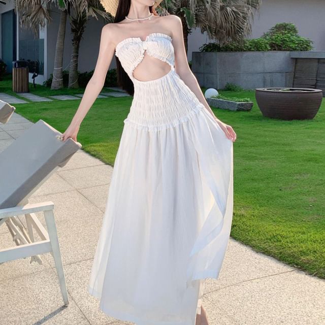 Plain Cutout Slit Maxi A-Line Tube Dress