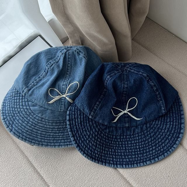Bow Embroidered Washed Denim Wide Brim Cap