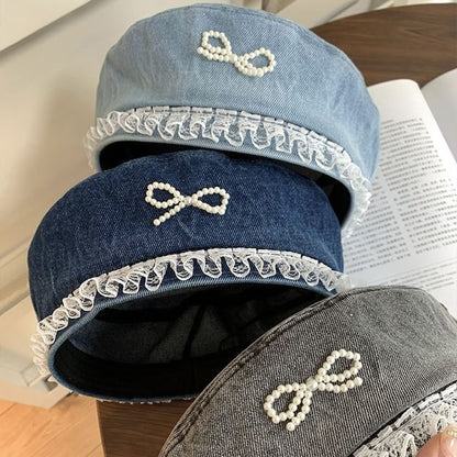 Faux Pearl Bow Lace Trim Denim Beret
