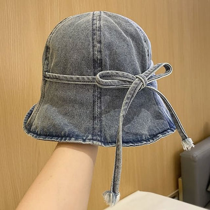 Bow Washed Denim Cloche Hat