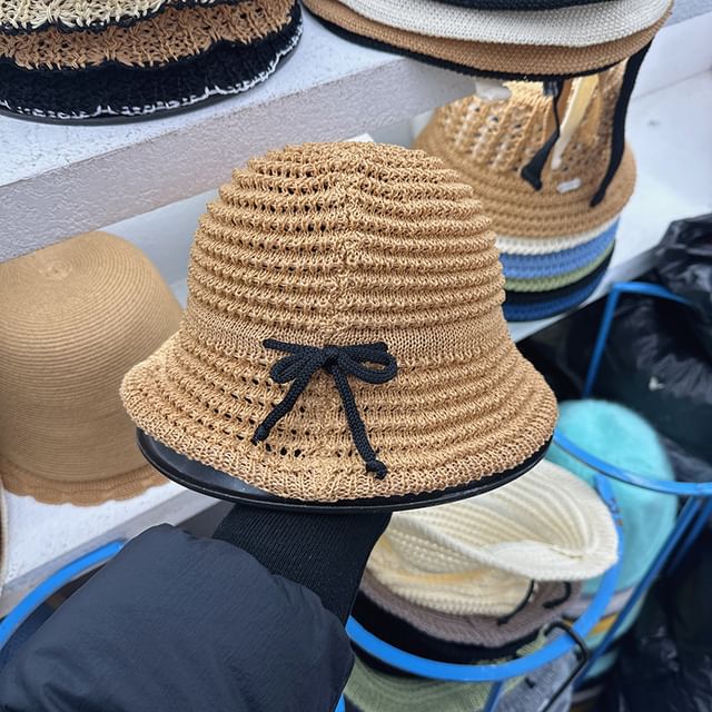 Bow Perforated Knit Bucket Hat