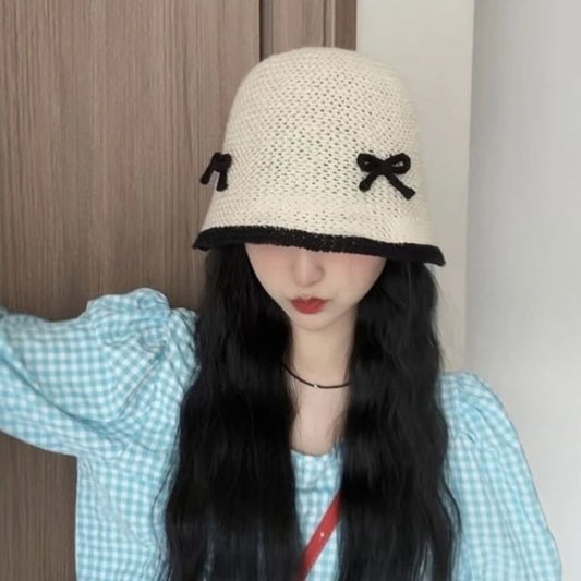 Bow Contrast Trim Knit Cloche Hat