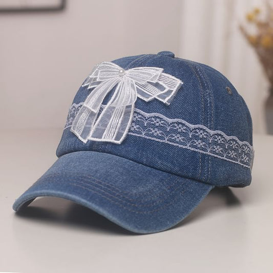 Faux Pearl Bow Lace Trim Denim Baseball Cap