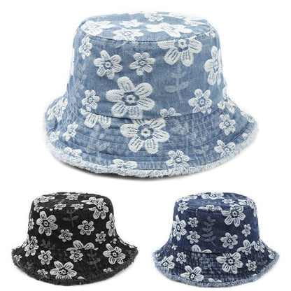 Floral Print Washed Frayed Denim Bucket Hat