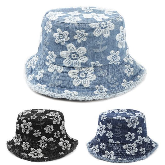 Floral Print Washed Frayed Denim Bucket Hat