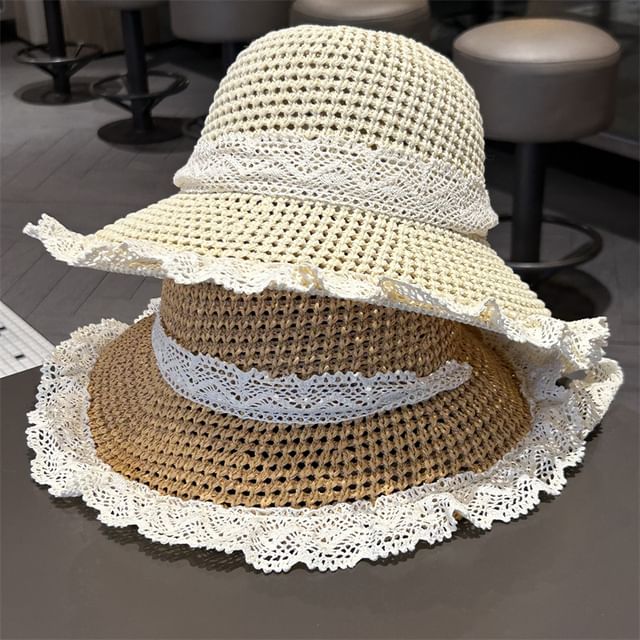 Lace Trim Perforated Knit Sun Hat