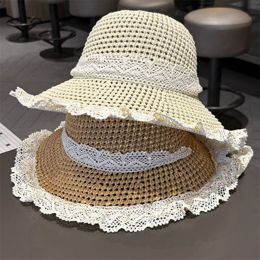 Lace Trim Perforated Knit Sun Hat