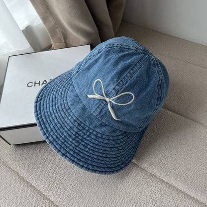 Bow Embroidered Washed Denim Wide Brim Cap