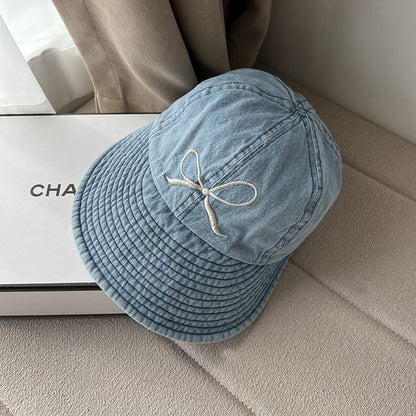 Bow Embroidered Washed Denim Wide Brim Cap