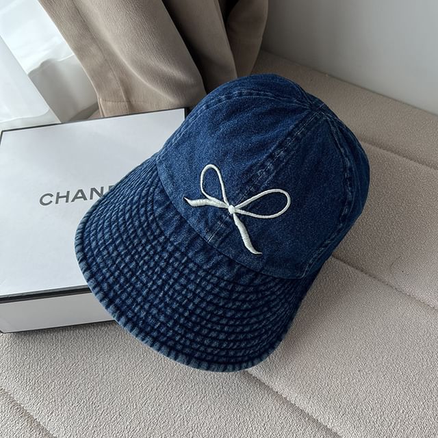 Bow Embroidered Washed Denim Wide Brim Cap