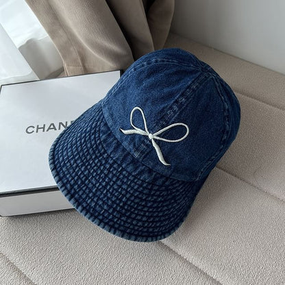 Bow Embroidered Washed Denim Wide Brim Cap