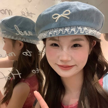 Faux Pearl Bow Lace Trim Denim Beret