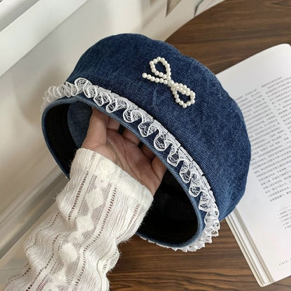 Faux Pearl Bow Lace Trim Denim Beret