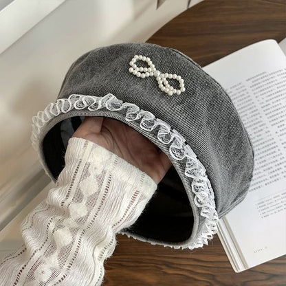 Faux Pearl Bow Lace Trim Denim Beret