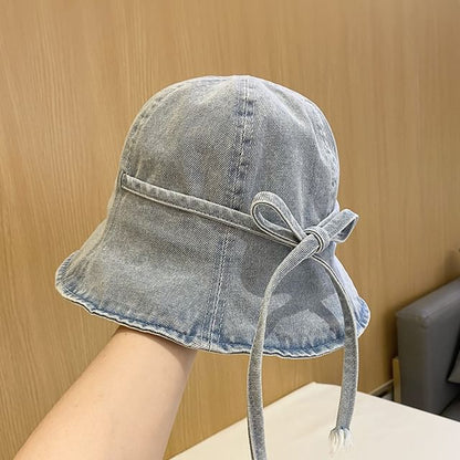 Bow Washed Denim Cloche Hat