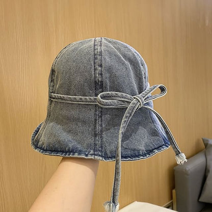 Bow Washed Denim Cloche Hat