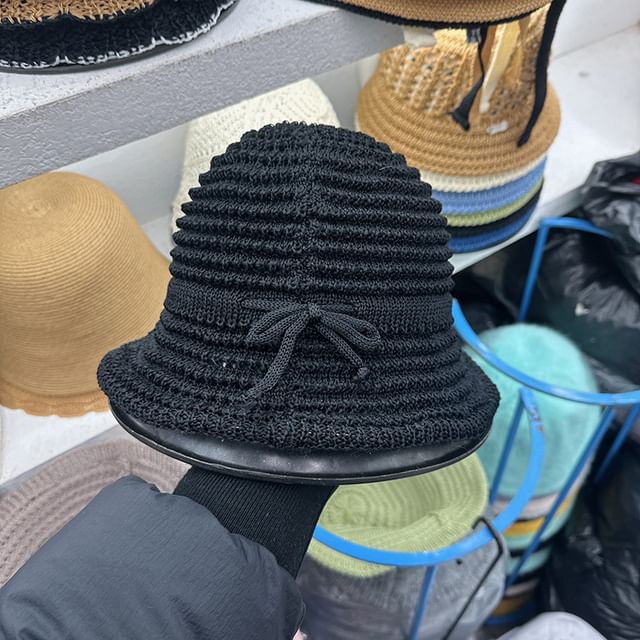 Bow Perforated Knit Bucket Hat