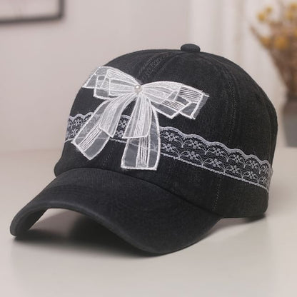 Faux Pearl Bow Lace Trim Denim Baseball Cap