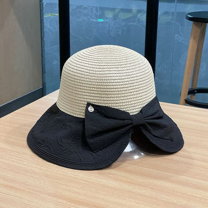 Two Tone Bow Straw Sun Hat
