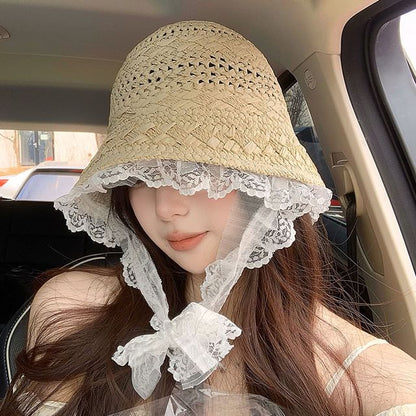 Lace Trim Straw Bucket Hat