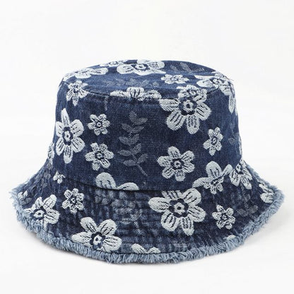 Floral Print Washed Frayed Denim Bucket Hat