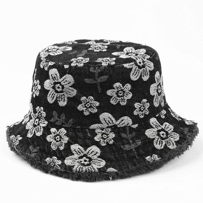 Floral Print Washed Frayed Denim Bucket Hat