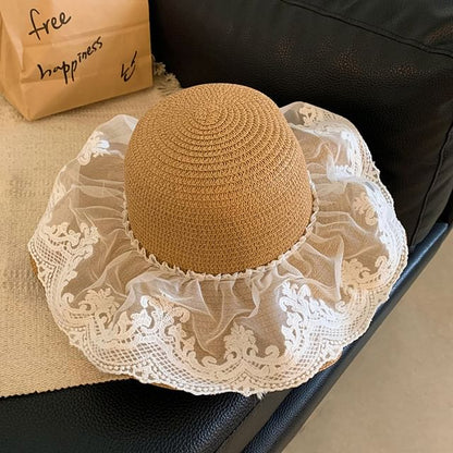 Lace Panel Straw Sun Hat