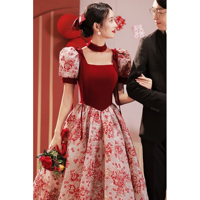 Neck Short-Sleeve A-Line Gown Evening Square Lace